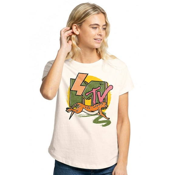 MTV Lightning Cat Women's Graphic T-Shirt Rolled Sleeve Tee