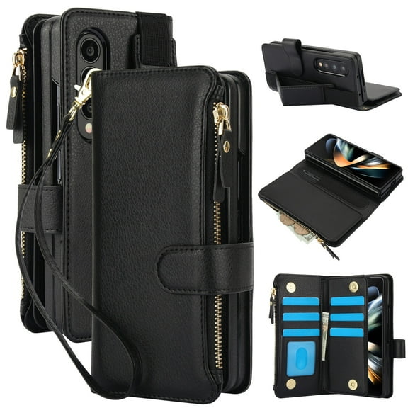 Dteck Zipper Wallet Case for Samsung Galaxy Z Fold 4,Magnetic Leather Card Slot Cash Pocket Case with Pen Holder Shockproof Hand Strap Heavy Duty Cover for Galaxy Z Fold 4,Black