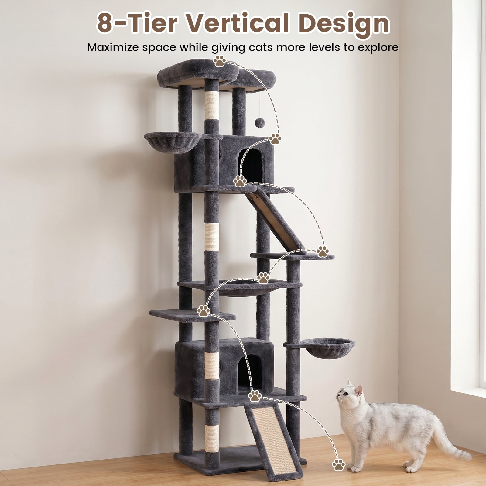 CATGOOD 81" Cat Tower, Big Cat Tree for Multiple Adult Cats, Multi-Level Tall Cat Tree with 2 Platforms, 2 Condos, 2 Hanging Basket, Hammock and Scratching Post for Indoor Kitties, Light Grey