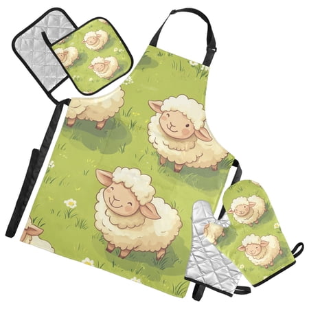 Cute Sheep Playing on The Lawn Apron Set with Oven Mitts Pot Holders Set of 5 Kitchen Stuff Accessories