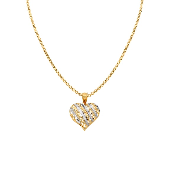 Precious Stars 14K Two-Tone Gold Ladies Ornate Heart Charm Pendant with 16" Chain Necklace