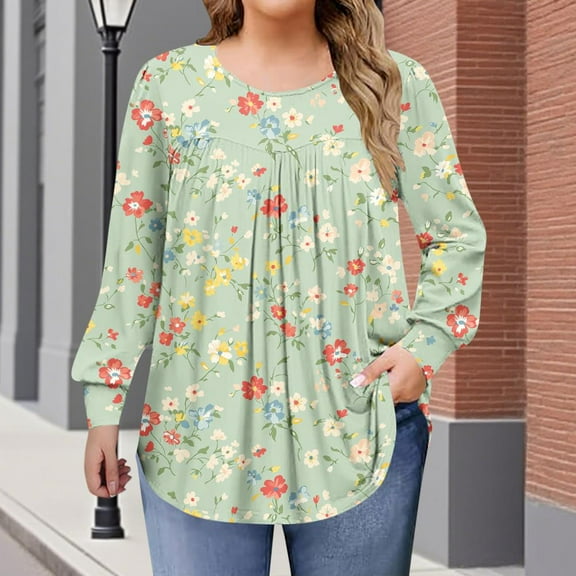 Womens Plus Size Tops Long Sleeve Shirts Crew Neck Flowy Tunic Fall Casual Loose Blouse 1X-5X