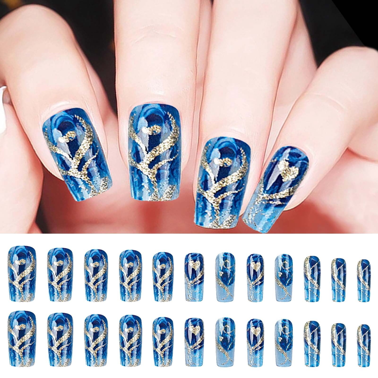 Qocolcyl 24Pcs Gold Curve Line Press on Nails Sea Acrylic Fake Nail Glossy Blue Gradient Medium Square False Nails Love Heart Stick on Fingernails Seaweed Gel Glue on Nail for Coquette Women Girls