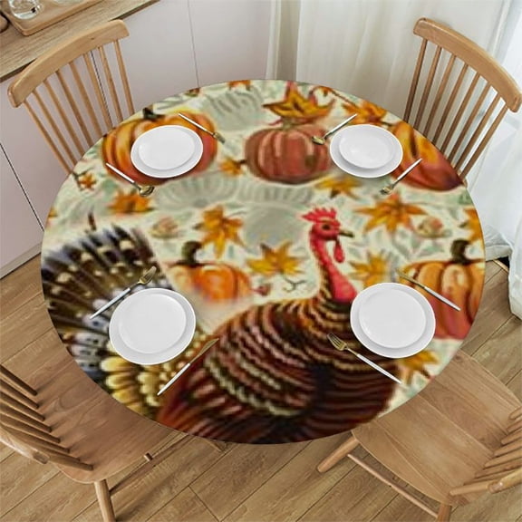 HAOXIT Happy Thanksgiving Day Round Tablecloth Turkey Pumpkin Table Cloth Cover Washable Polyester Dining Decorative for Holiday Home Party Wedding Picnic 31-35