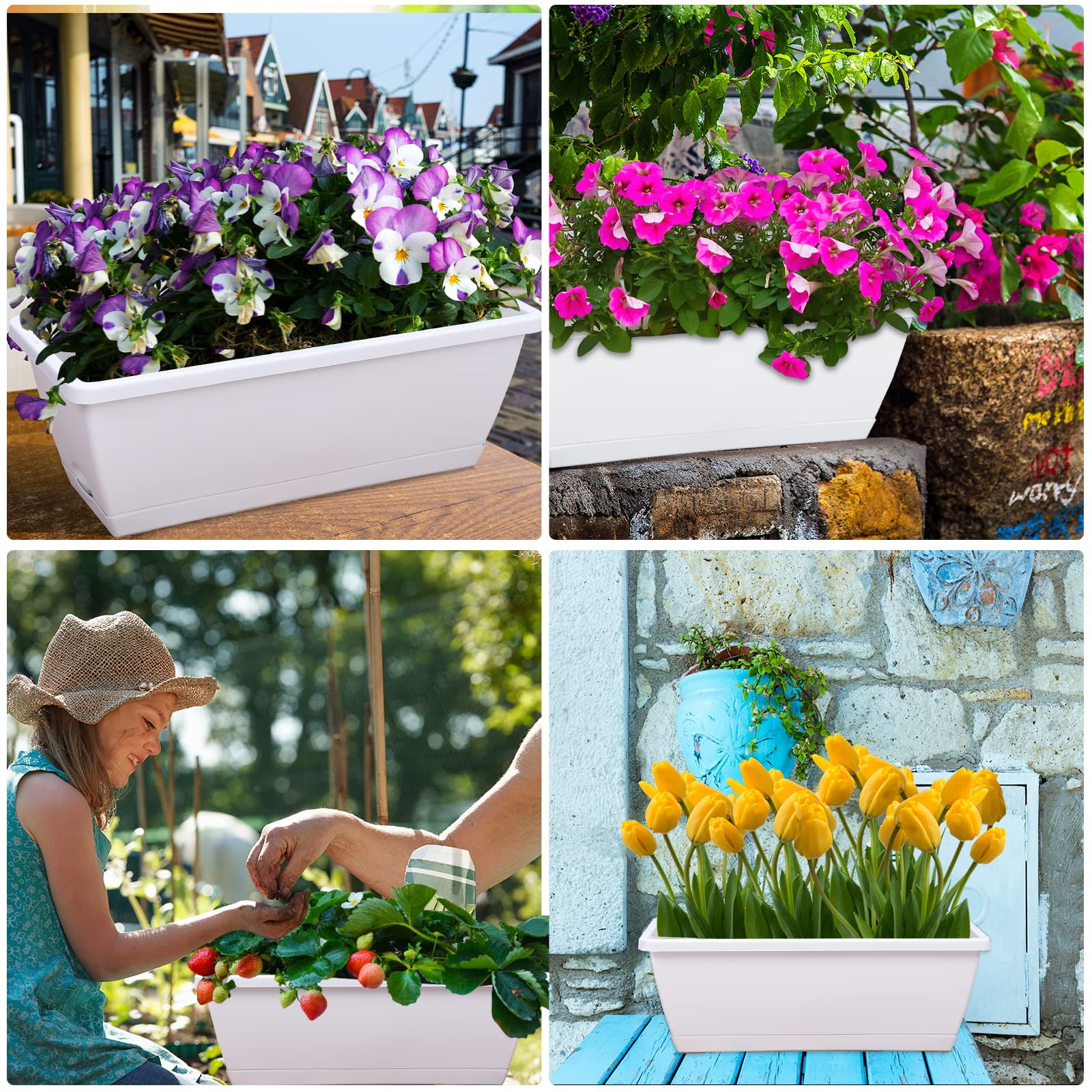 Window Box Planter White 16.6 x 7 x 5.9 inches Rectangular Plastic Pot with Saucer for Indoor Outdoor Garden