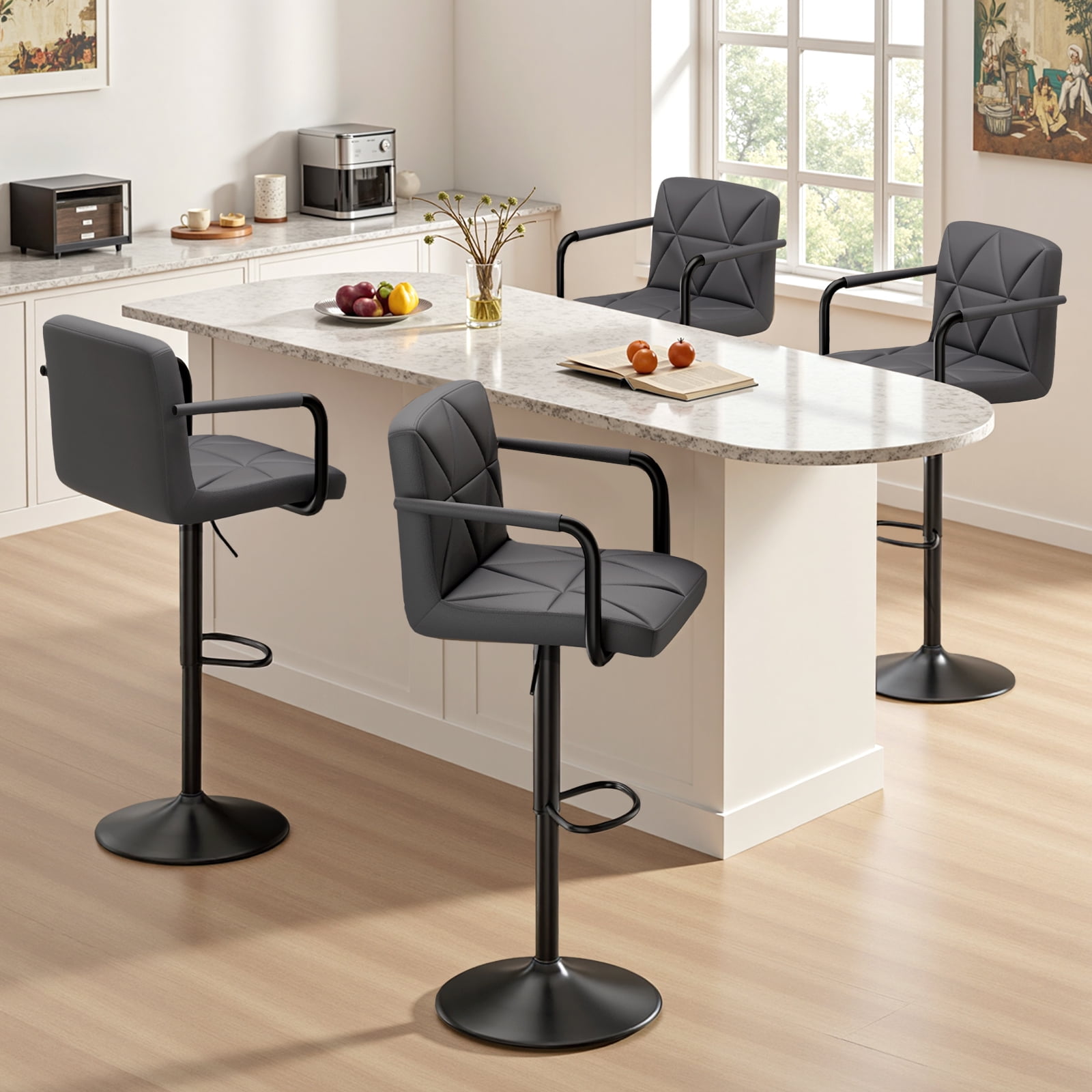Daluvenix Bar Stools Set of 2， PU Leather Adjustable Swivel Barstools，Hydraulic Counter Height Bar Chairs with Armrest Back for Kitchen Island，Gray