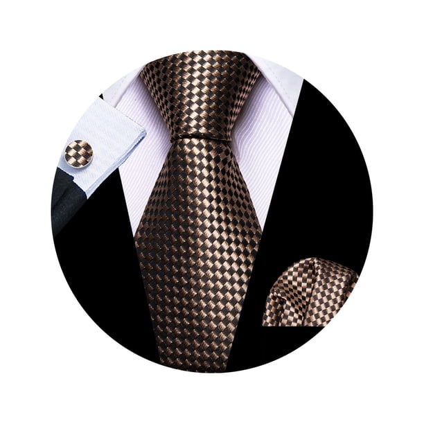 Set Clásico de Corbata Marrón a Cuadros Barry.Wang, Corbata Tejida, Marrón a Cuadros, Talla Única