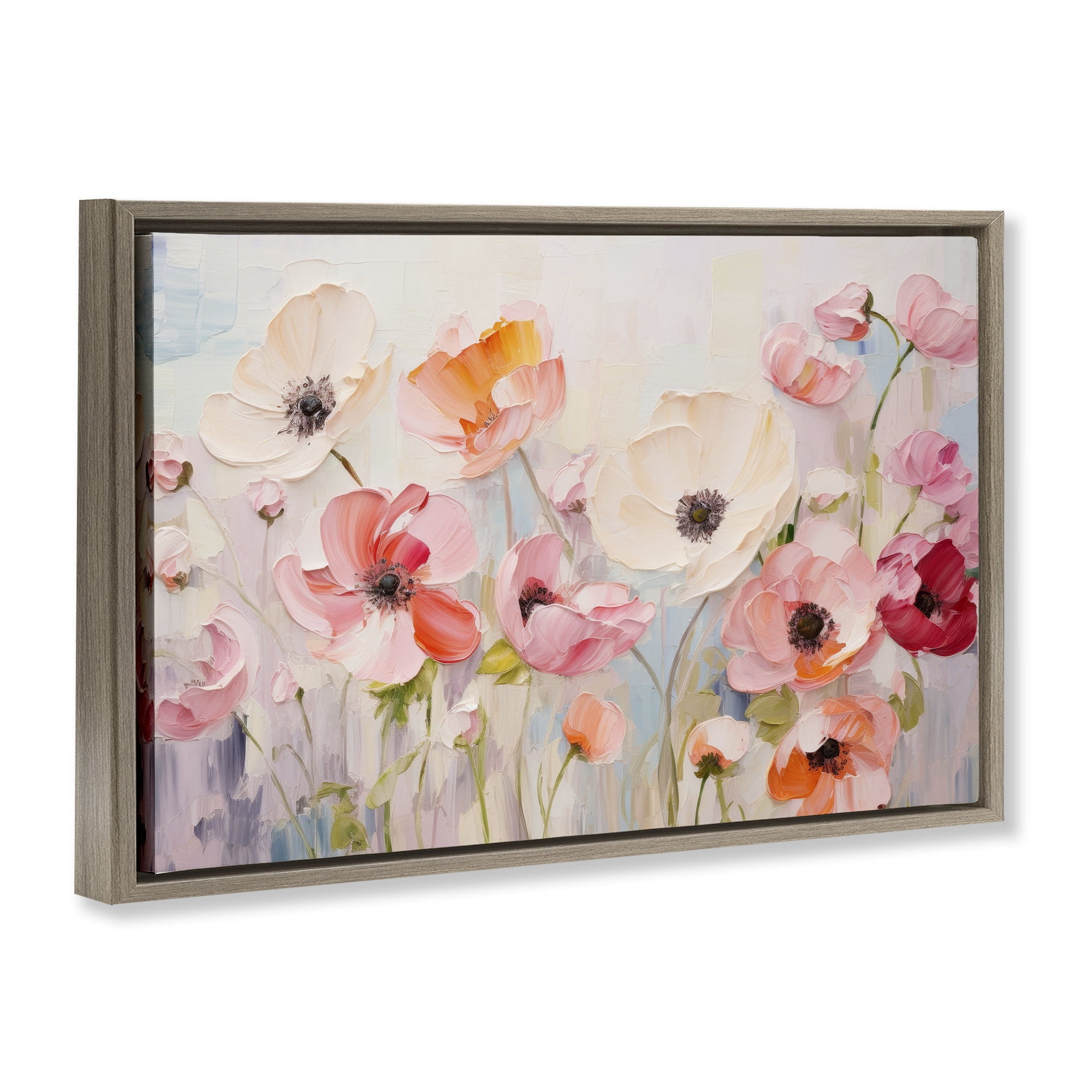 Stupell Industries Pastel Ranunculus Blooms Plants & Flowers Painting Brown Floater Framed Canvas Art Print Wall Art, 31 x 21