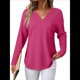 thumbnail image 1 of Blusas para Mujer, de Punto Gofre, de Larga, con Cuello en V y Muescas, Informales, Modernas, de Color Liso, Holgadas Rosa Roja XXL, 1 of 7