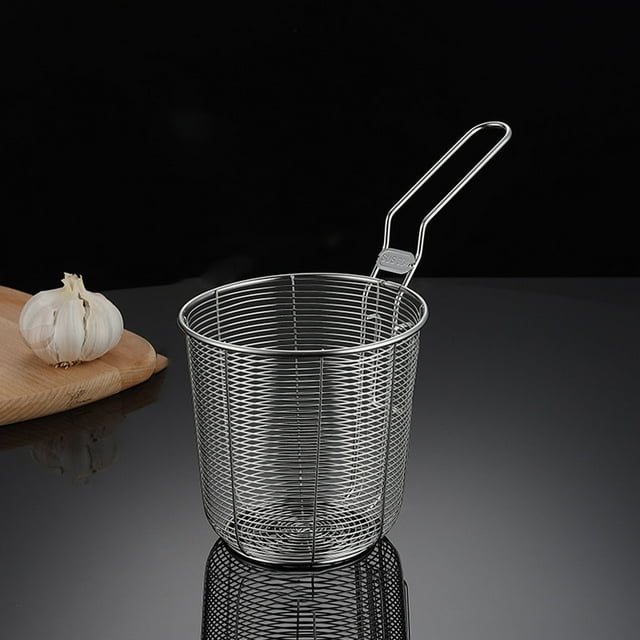 Stainless Steel Mesh Pasta Strainer and Multipurpose Kitchen Colander with Handle and Hanging Hook for Draining Frying Cooking