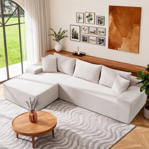 QJTC 105" Modular Sectional Sofa for Living Room Bedroom, Modern L-Shaped Boneless Couch with Deep Seat, Corduroy Cloud Couch with Memory Foam, No Assembly Required (Beige, Left Facing Chaise)