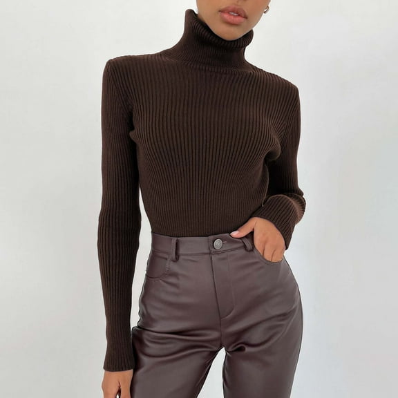 Rigardu Women Soft Sweater Slim Fit Lightweight Long Sleeve Turtleneck Tops Undershirt Knitted Warm Fitted Fashion Pullover Sweater Coffee One size