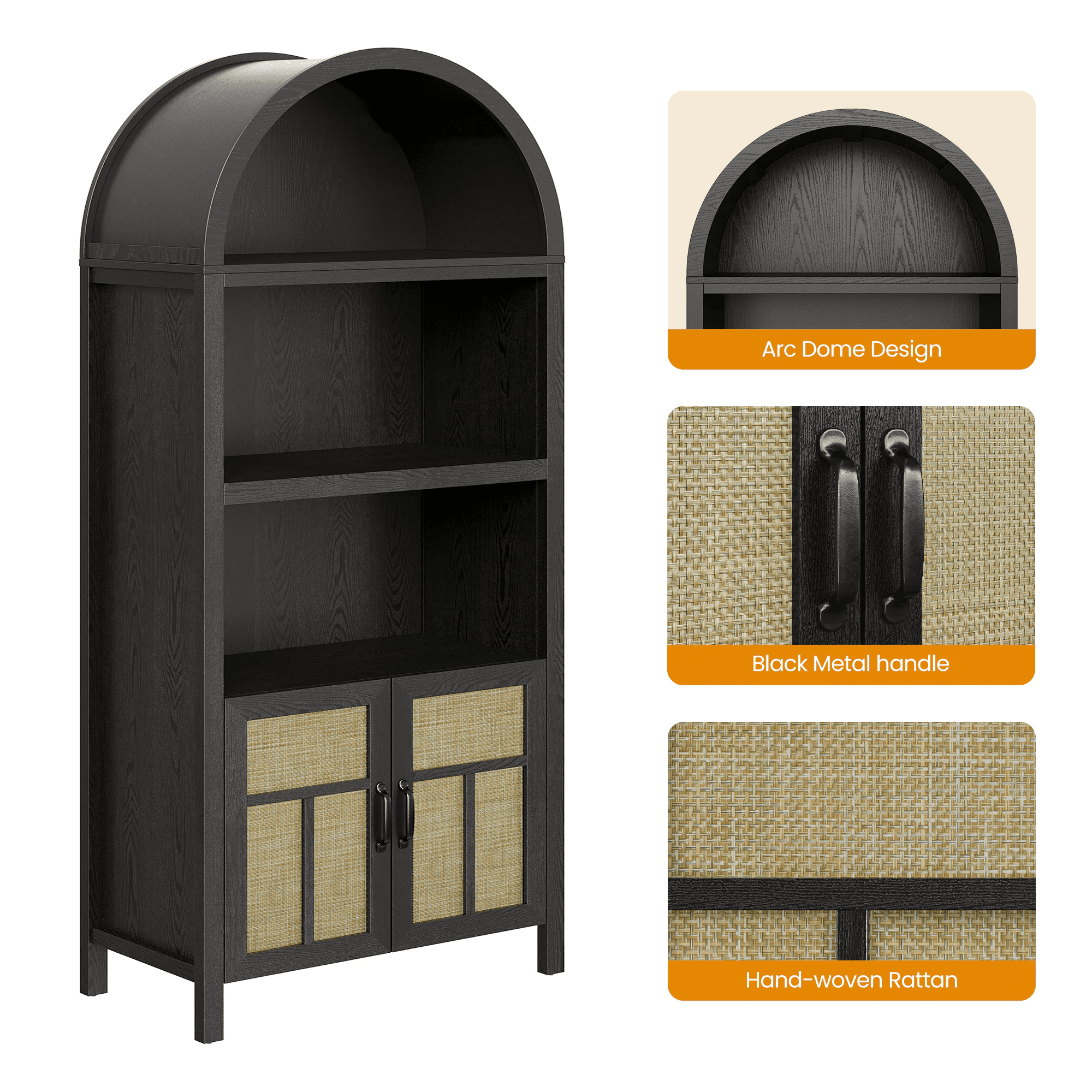 70" Arched Storage Cabinet with Doors, Boho Rattan Sideboard Buffet Cabinet with Adjustable Shelves, Tall Pantry Storage Table for Kitchen, Hallway, Dining Room, Living Room, Office, Black