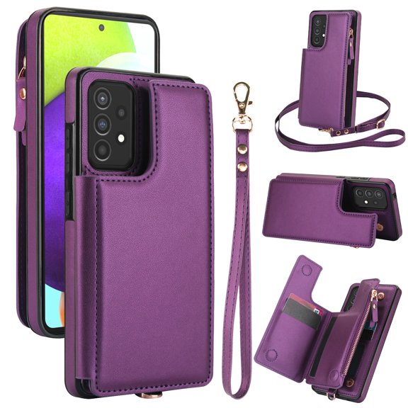 for Samsung Galaxy S20 Crossbody Wallet Phone Case with Card Holder&Zipper, Back Flip Folio PU Leather Kickstand Card Slots Case for Women Girls, Double Magnetic Clasp Shockproof Cover,Darkpurple