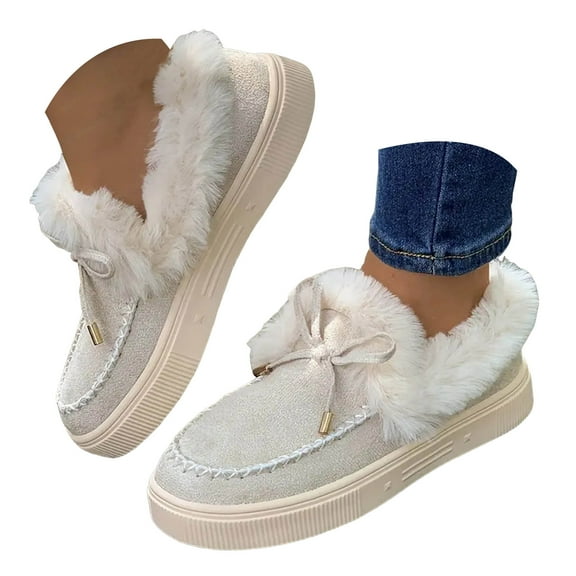 Womens Winter Fuzzy Slip on Penny Loafers Snow Ankle Booties Fashion Leopard Suede Plush Fleece Lined Flats Warm Walking Shoes Platform Boots