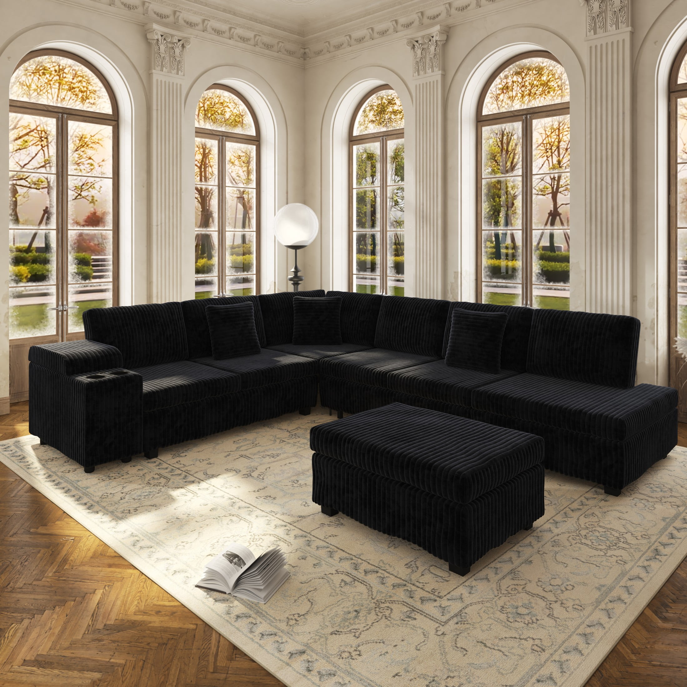 LLappuil 110" Sectional Sofa, Modular Sectional Couch Convertible Sofa Bed, 7 Seat Corduroy Sofa Couch with Movable Ottoman, Hidden Armrest Storage & USB Charging Ports Black