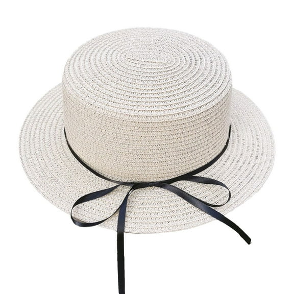 56-58 cm hat circumference women's straw hat ribbon bow sun hat outdoor flat top hat sunscreen sun hatBeige