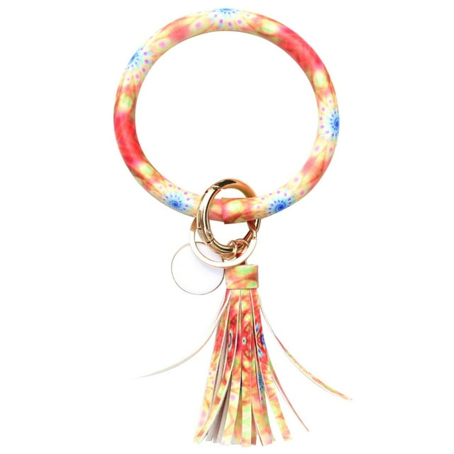 Fashion Trend Large Leather Bracelet Tassel Round Keychain Ring Jewelry Wristban