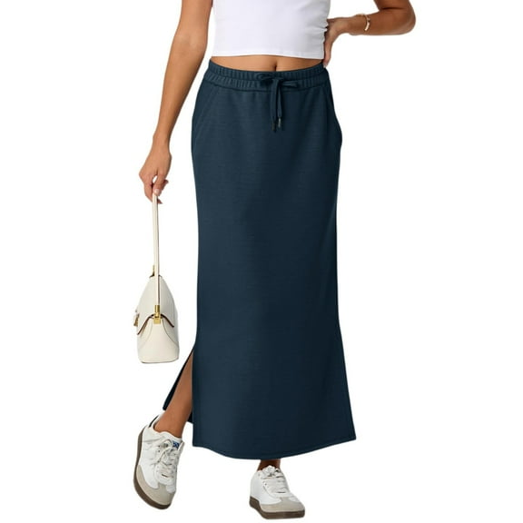 Nestiefly Womens Side Slit Maxi Skirts Elastic High Waisted Drawstring Casual Long Sweat Skirts