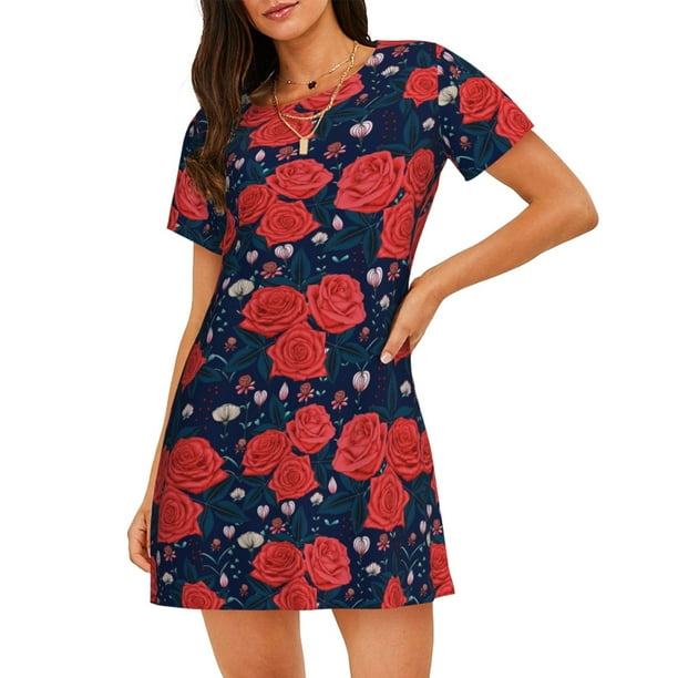 Fotbe Rose Flower Bata de Dormir para Mujer con Estampado, Camisón de Algodón de Manga Corta, Ropa de Dormir Casual