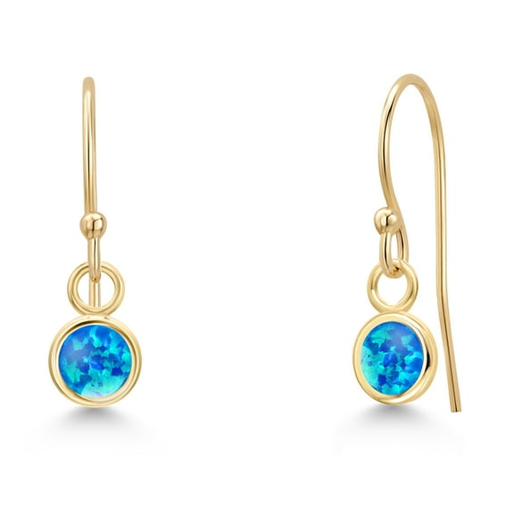 Gem Stone King 14K Yellow Gold Simulated Blue Opal Earrings for Women | 0.50 Cttw | Gemstone October Birthstone | Round Cabochon 4MM