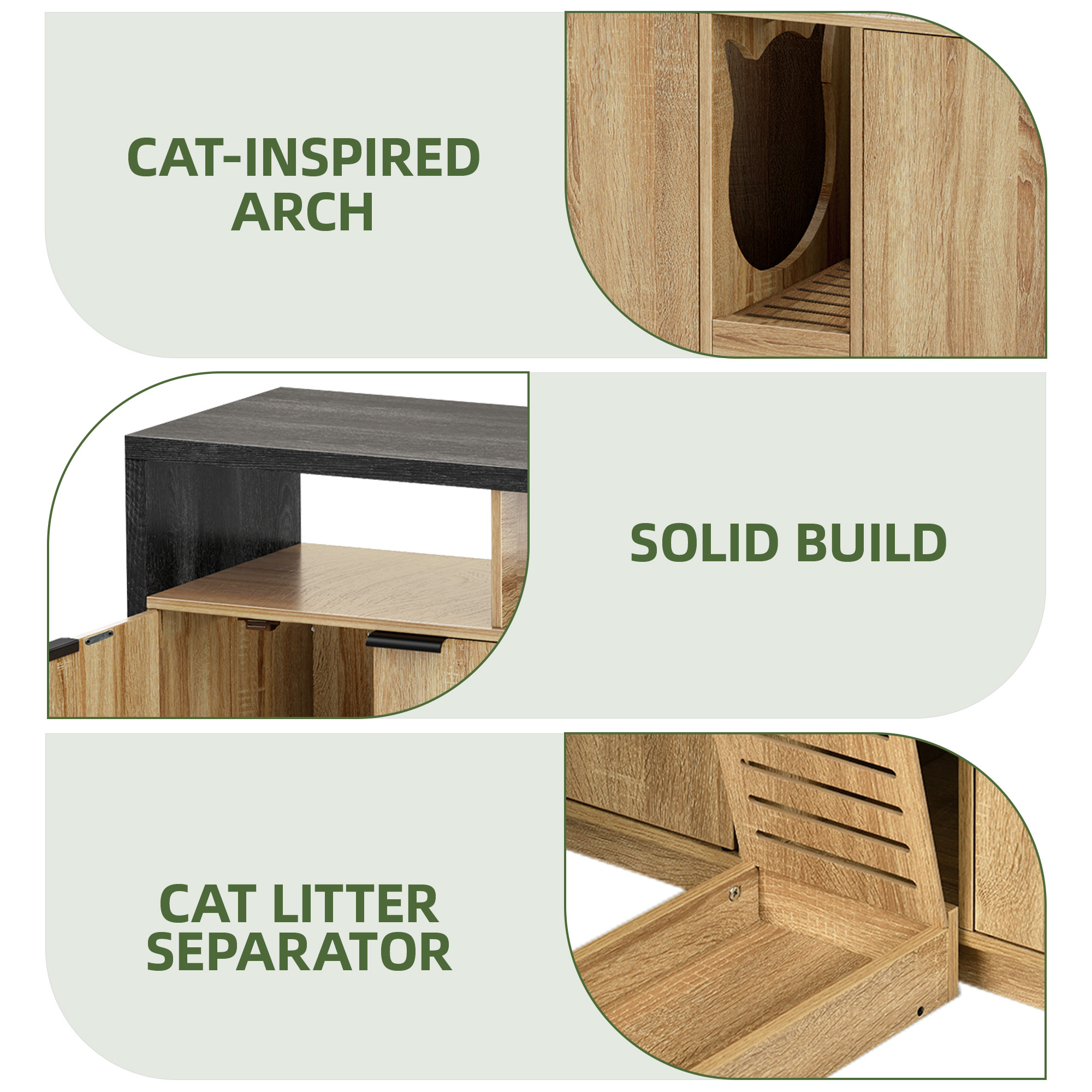 Uforic Litter Box Furniture with LED Light, Power Outlet for 2 Cats, Wooden Long Cat Litter Box Enclosure with Double Room