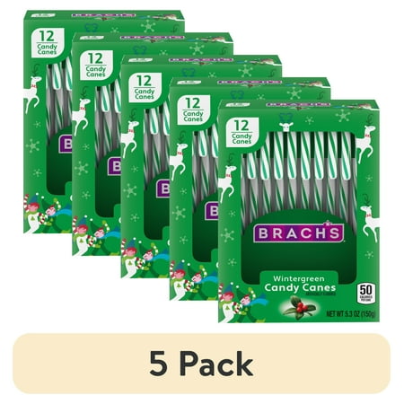 (5 pack) Brach's Wintergreen Christmas Candy Canes, Stocking Stuffers for Kids, Minty Twist on a Holiday Classic, Holiday Christmas Candy, 5.3 oz, 12ct Box