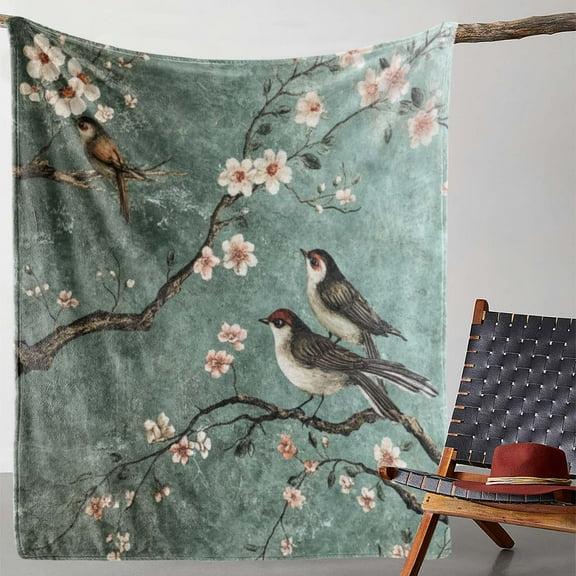 Vintage Style Cherry Blossom Birds Print Flannel Throw Blanket, Soft Warm Comfortable Knitted All-Season Throw for Sofa, Bed, Car, Office, Camping, Travel - Mixed Color, Polyester, 1pc