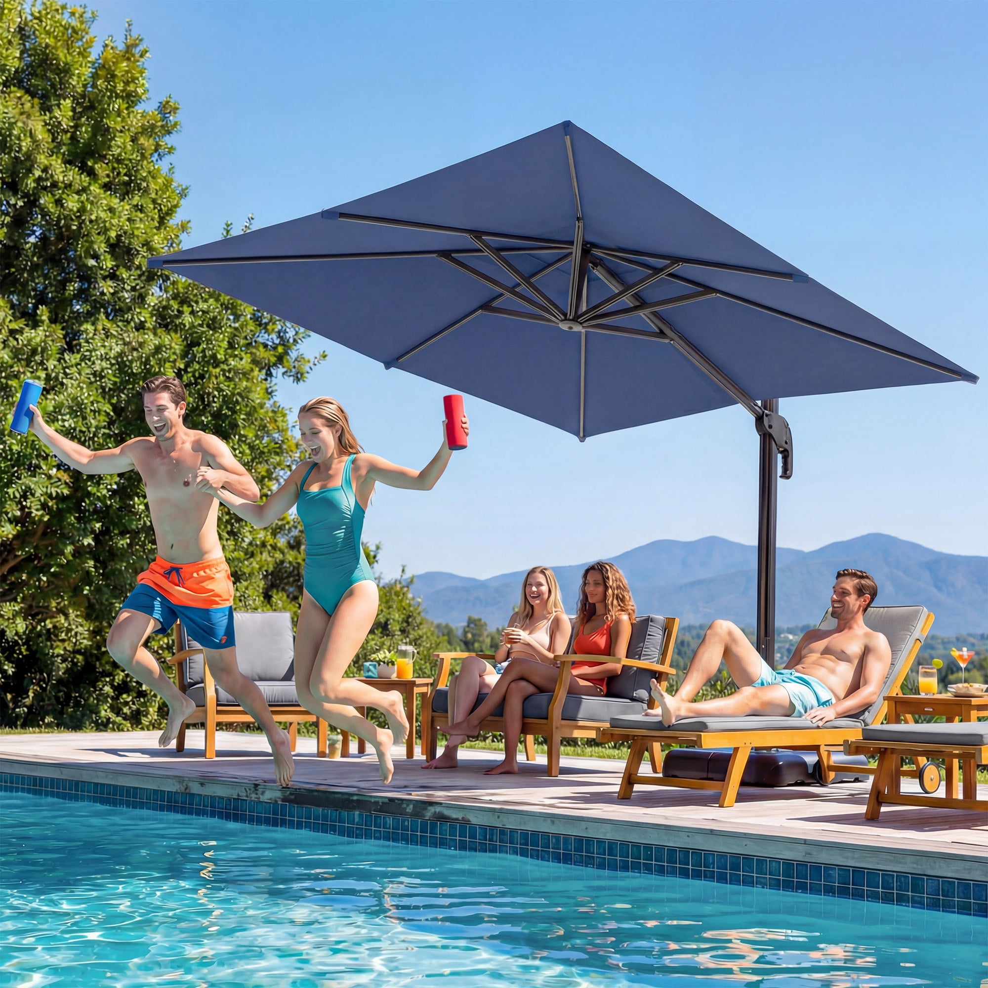 KAMEROUT Outdoor Patio Umbrella with Base Included, 9 Feet Large Cantilever Windproof Offset Umbrella with 360-degree Rotation for Backyard, Pool, Lawn, Deck, Navy Blue