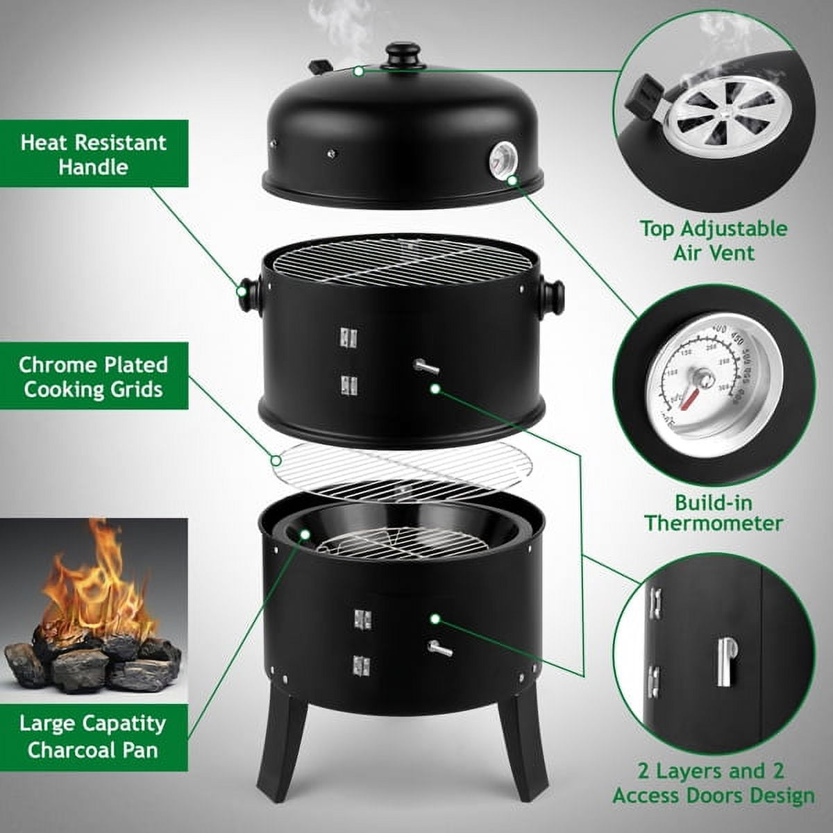 YDLW 3-in-1 Vertical Charcoal Smoker Portable BBQ Smoker Grill with Detachable 2 Layer,Black
