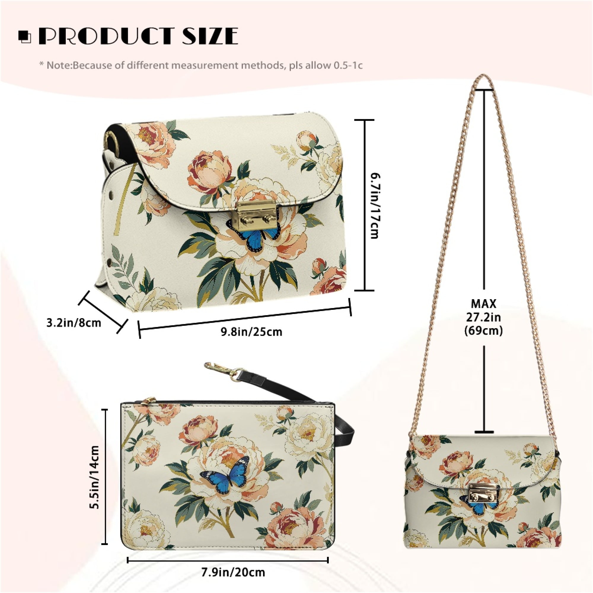 TSOVTHRID Butterfly Peony Flower White Print Small Crossbody Purse for Women Trendy Leather Crossbody Bag Going-out Shoulder Handbags with Detachable Chain Strap