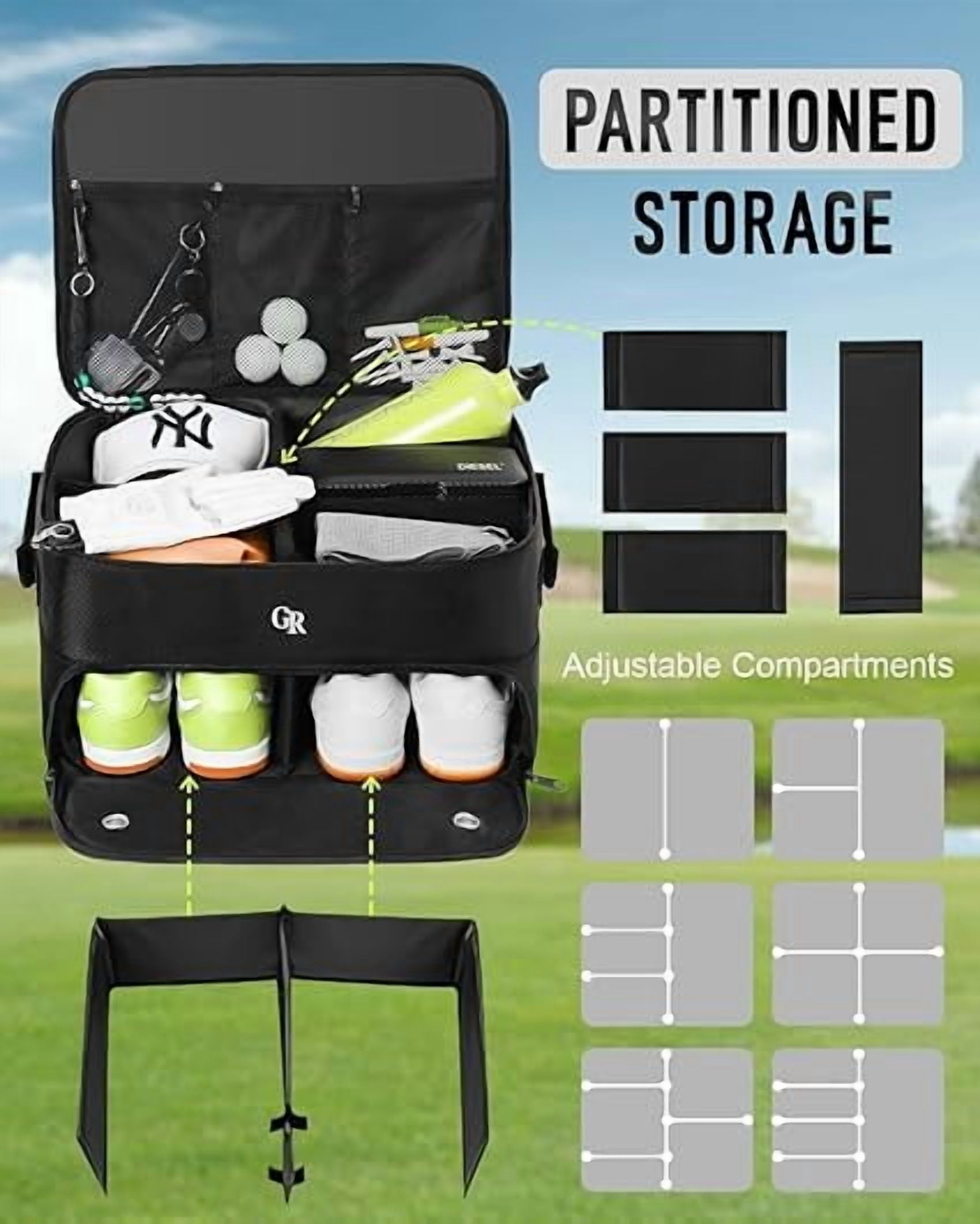 Odor-Absorbing 2-Layer Golf Trunk Organizer with Activated Carbon Fabric - Water-Resistant Golf Shoe Bag for Shoes Balls Tees Clothes Gloves Golf Accessories, Fathers Day Dad Gifts for Men