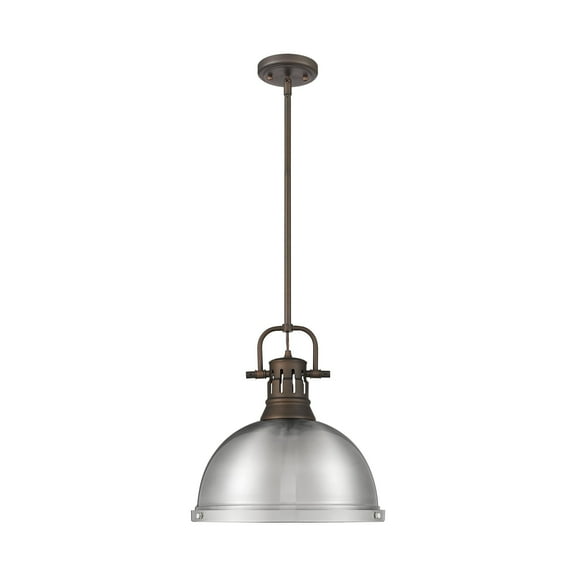 Yep by Golden Lighting Duncan 1-light 14in Rod Hung Pendant in Rubbed Bronze and Pewter shade