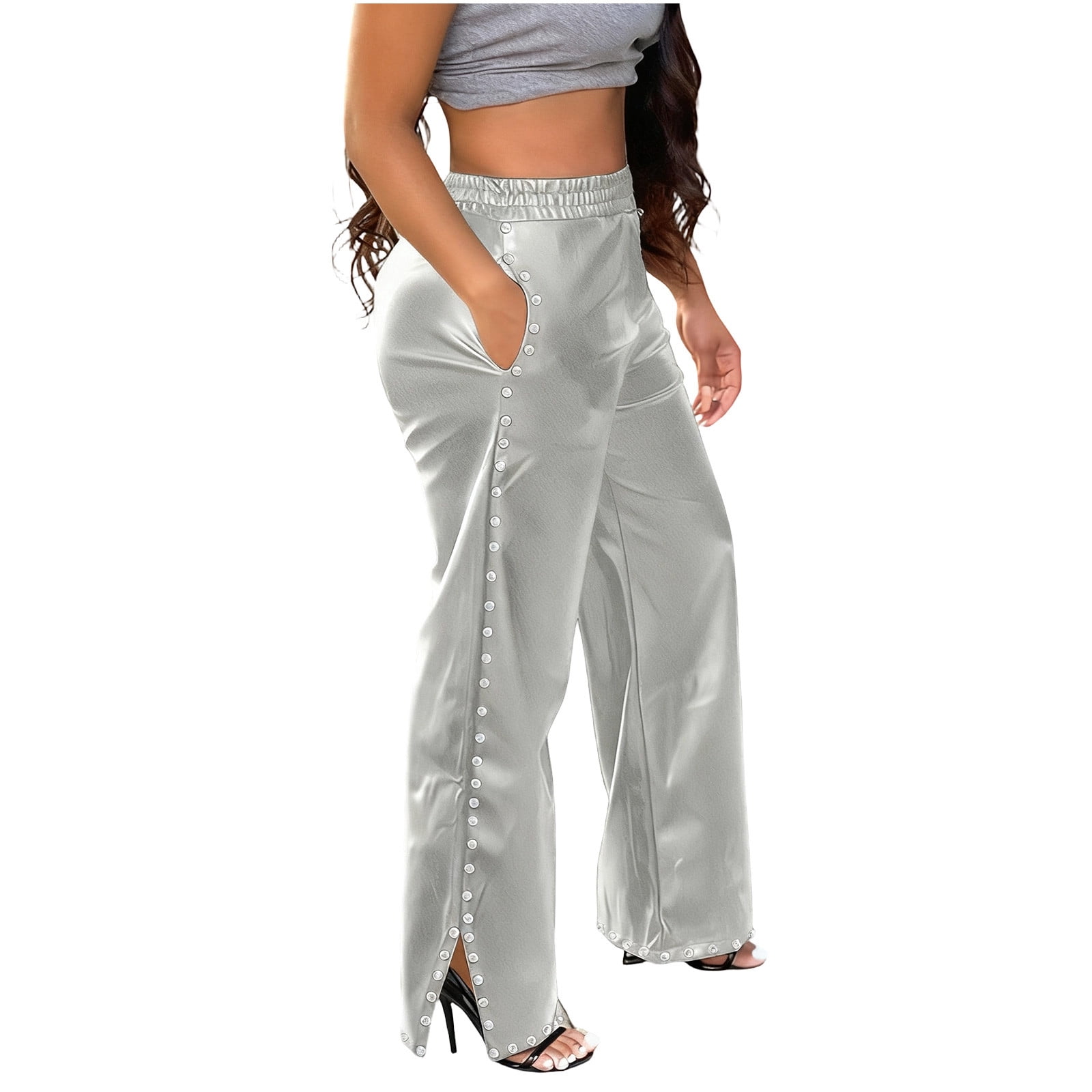 Qulqfy Women's Pants Silver Faux Leather Trendy Plus Size Pants Party High Waisted Wide Leg Rhinestone Pants for Women