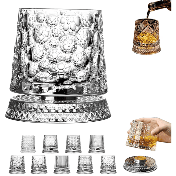 Rotating Whiskey Glass with Base, 9 Oz Spinning Tumbler for Cocktail Parties, 360° Rotation Adds Ceremony, Old Fashioned Glass for Scotch, Gift for Whiskey Lovers