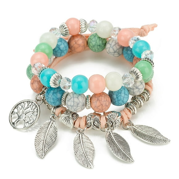 Bracelets de Perles Empilables Bohème pour les Femmes Extensible Bracelet de Perles Multicouches Ensemble Pompon de Feuille Charme Bracelets Femmes Cadeaux, Coloré