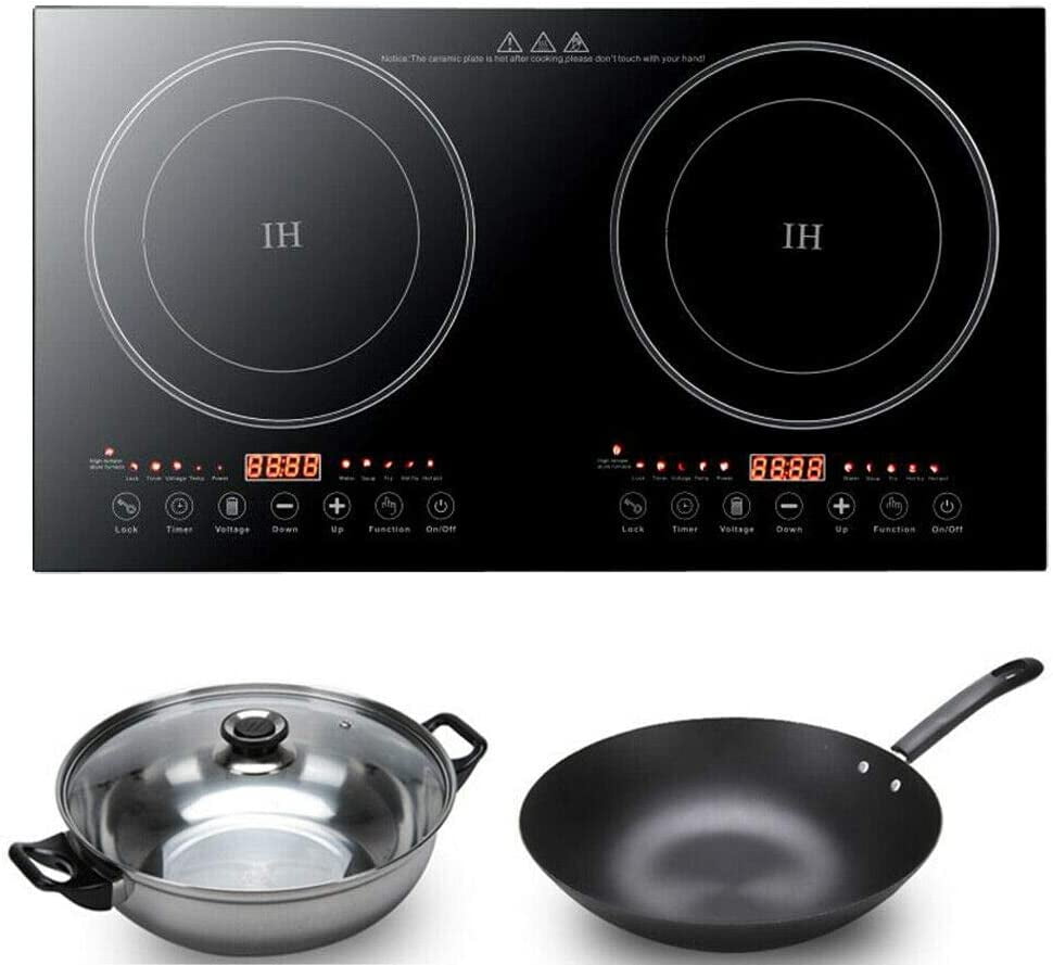 Dual Electric Induction Cooker, 1200w Portable Digital Countertop Double Burner Cooktop Burner Sensor Touch Stove with 8 Gear Firepower, Double Induction Cooktop Cooker Fit for Iron Pot 110V
