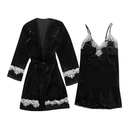 Mrat Robe for Women Pajama Sets Gold Velvet Towel Robe Lace Lingerie for Women Silk Pajamas Set Two Piece Nightgown Home Service Suit Homewear Pajama Pants Sets Black_A XL