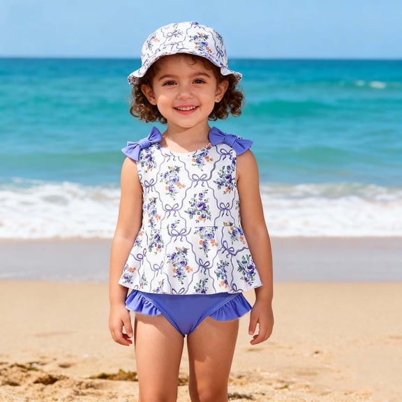 BRGZLK Toddler Baby Girl Swimsuit Summer Casual Fashion Floral Bow Swimwear Beach Sleeveless Swimsuit Shorts with Hat Kids Girl Three Piece Set Blue 12-18 Months