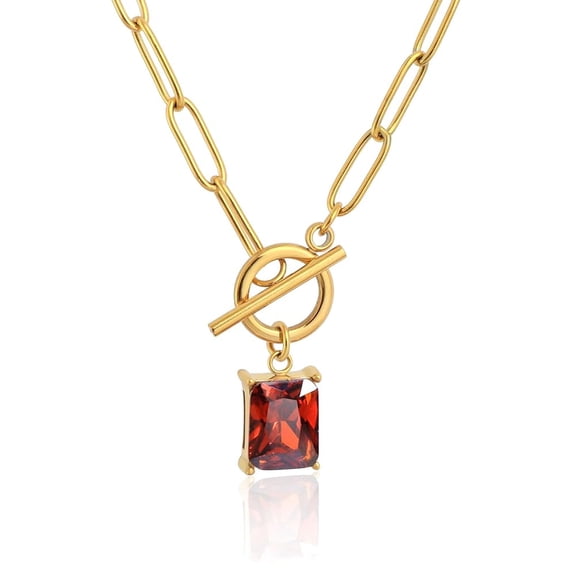 Lsnesstla Emerald-cut Garnet Pendant Paperclip Chain Necklace Paperclip Toggle Necklace Red Garnet Jewelry Birthstone January Gift for Women