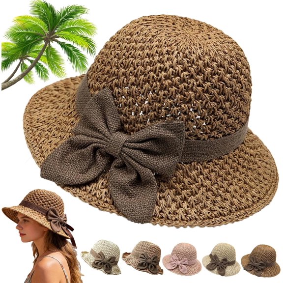 Versatile Retro Woven Handmade Sun Hat with Ruffled Bow Elegant Crochet Hats for Women Foldable Breathable Beach Hat Wide Brim Womens Straw Hat
