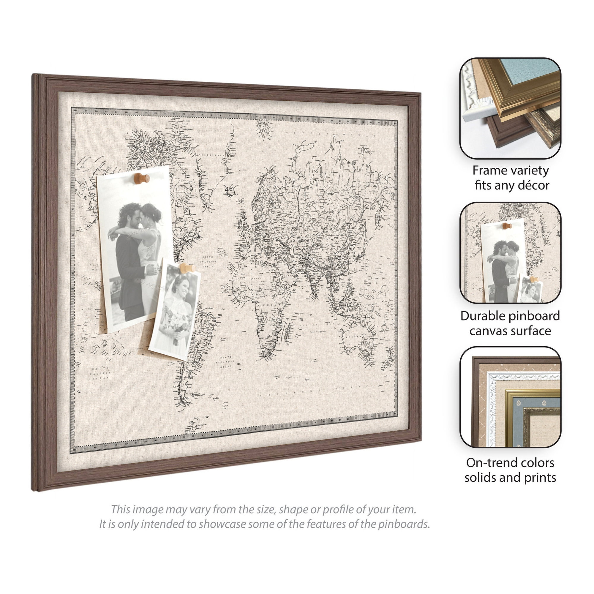 Kate and Laurel Framed Fabric Pinboard 26 x 20, Vintage Black and White Linen World Map Printed Linen Classic Bulletin Board for Use as a Vision Board or Wall Organization, Florence Gold Frame
