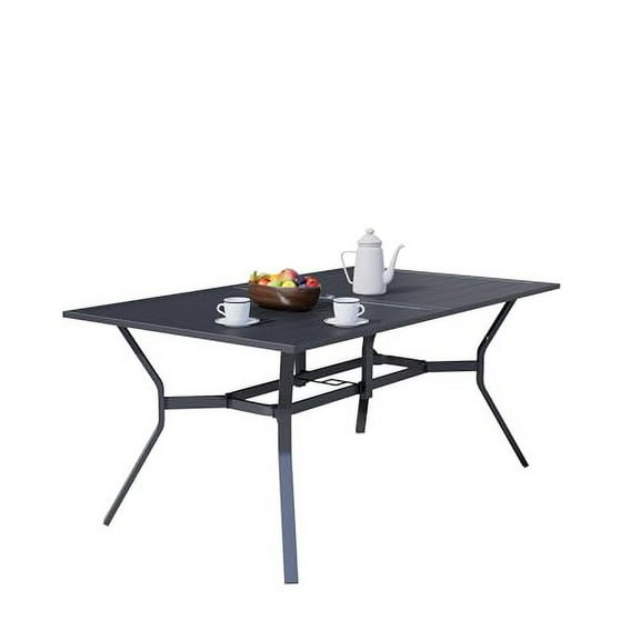 SOLAURA Outdoor Dining Table, 60" x 38" Patio Metal Steel Slat Table for 6-Person with 1.57" Umbrella Hole, for Gardens or Backyards, Black