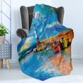 thumbnail image 4 of Art Soft Flannel Fleece Blanket, Oil Painting Tones Style Lighthouse and Boats on Sea Shore Town Coastal Charm Picture, Cozy Plush for Indoor and Outdoor Use, 70" x 90", Multicolor, by Ambesonne, 4 of 5
