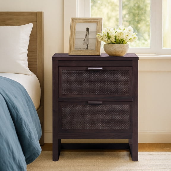 Teamson Home Hatteras Modern 2-Drawer Nightstand with Natural Rattan and Solid Wood Frame