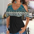thumbnail image 2 of Usmixi Summer Tee Shirt for Women Women's Cold Shoulder Tops Empire Waist Top Western Ethnic Diamond Print Short Sleeve Shirts Casual Blouses Tunics Blue XXXXL, 2 of 5
