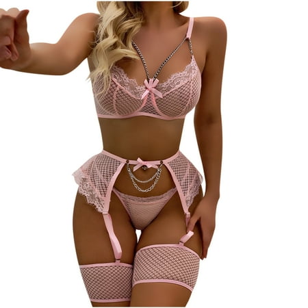 

Women Sexy Eyelash Fishnet Lingerie Set Chain Babydoll Underwire Bra and Panty Sets Teddy Bodysuit with Garter Belt