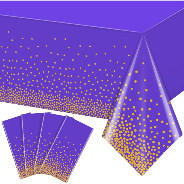 LAICAIW 4 Pack Purple Disposable Table Cloths for Parties, Plastic Purple and Gold Dot Confetti Tablecloth for Rectangle Tables, Purple and Gold Party Decorations for Graduation Birthday Wedding, 54