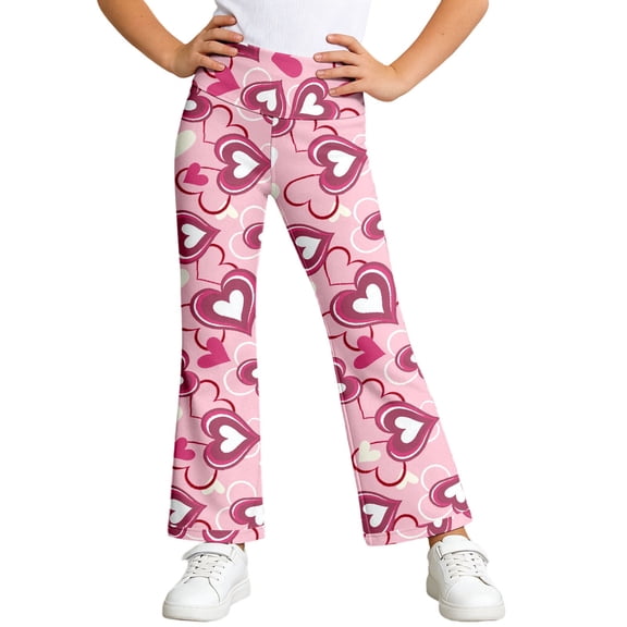 shoper Girls Flare Leggings Size 5-14 Heart Printing Soft Bell Bottom Pants High Waist Yoga Pants for Kids Pink