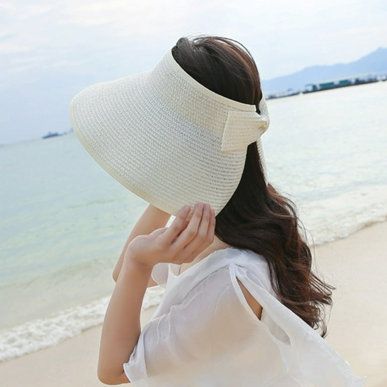 Summer New Folding Straw Hat Outdoor Beach Sun Hats for Women Solid Color  Bucket Hat Large